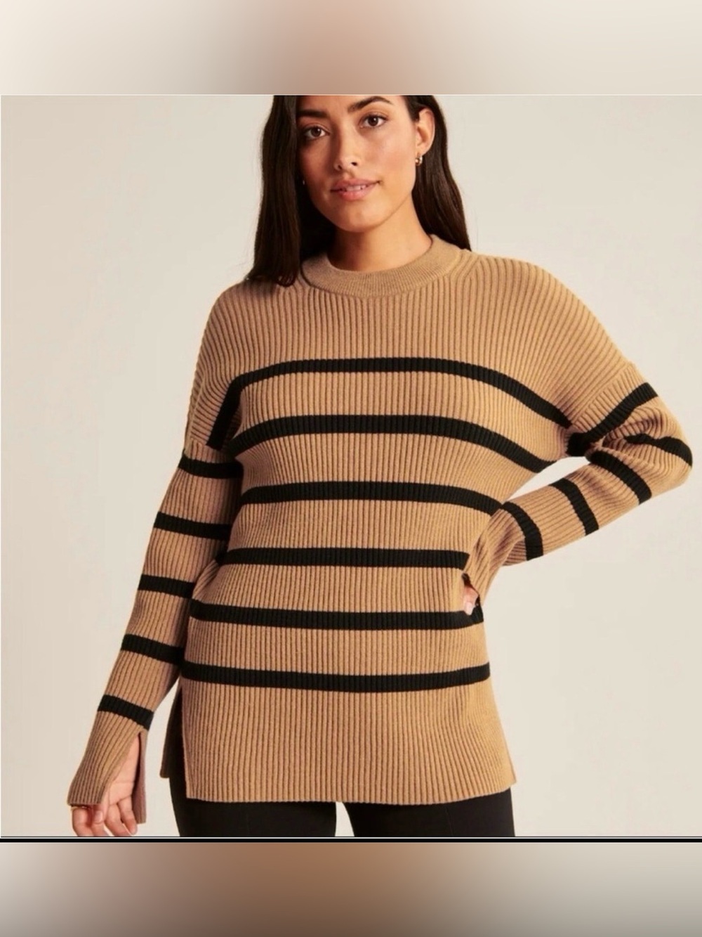 Abercrombie and Fitch Camel and Black Striped Rib-Knit Sweater Fall Size Small